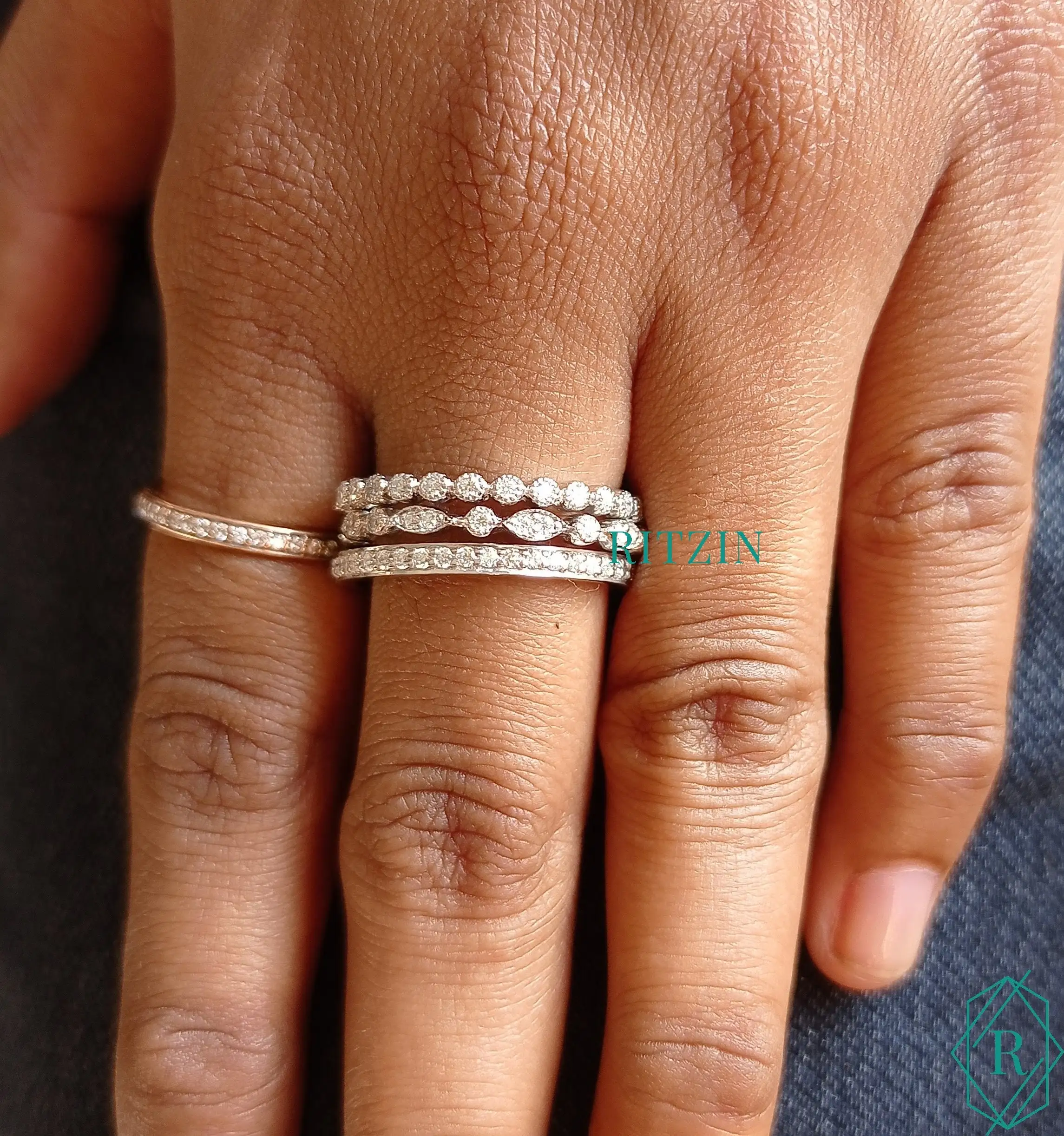 Round Cut Moissanite Diamond Three Set Layer Ring, Art Deco Engagement Ring