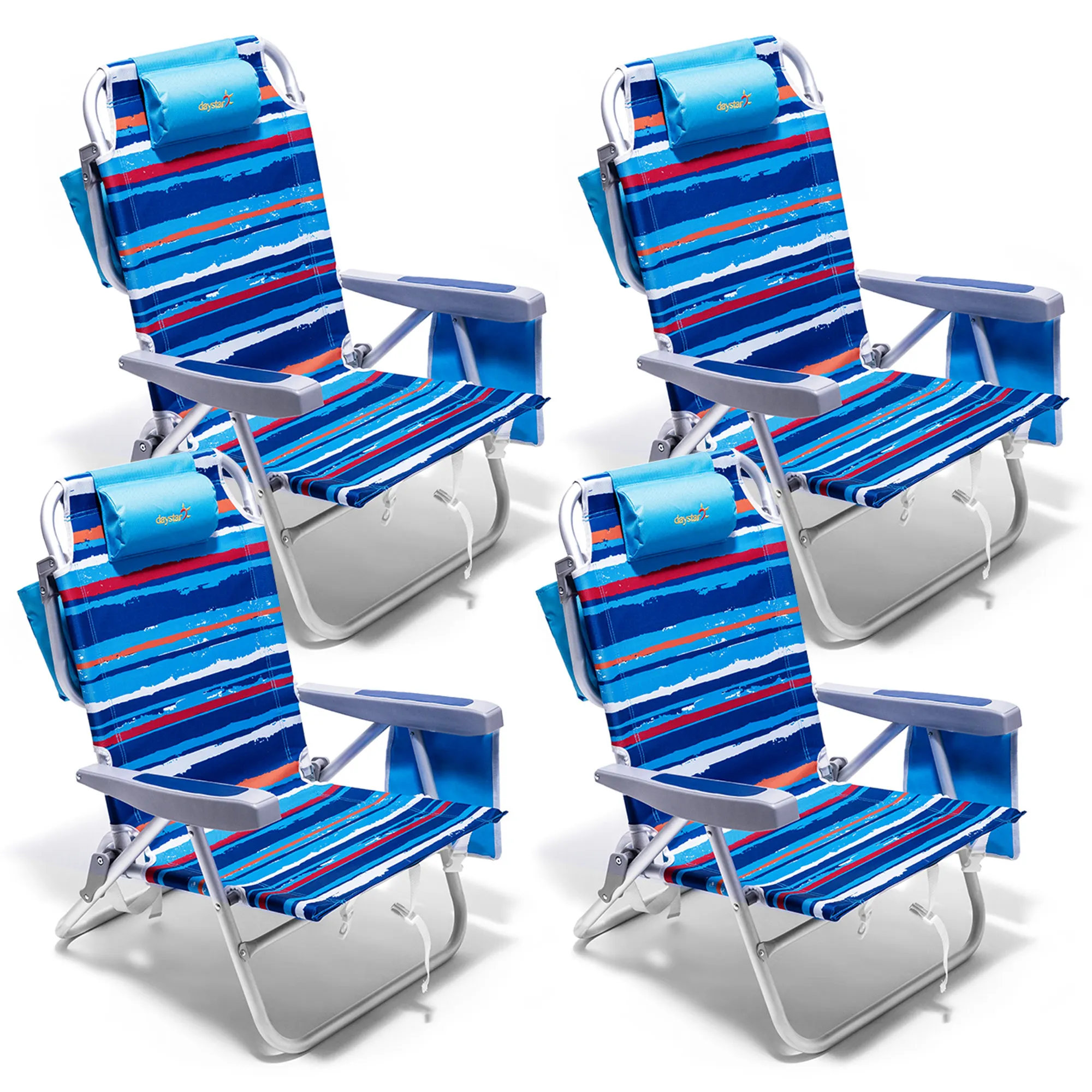 SunnyFeel Folding Lounge Chair with Attached Beverage Holder 5 Recline Settings in Striking Blue Striped Fabric for Coastal Fun