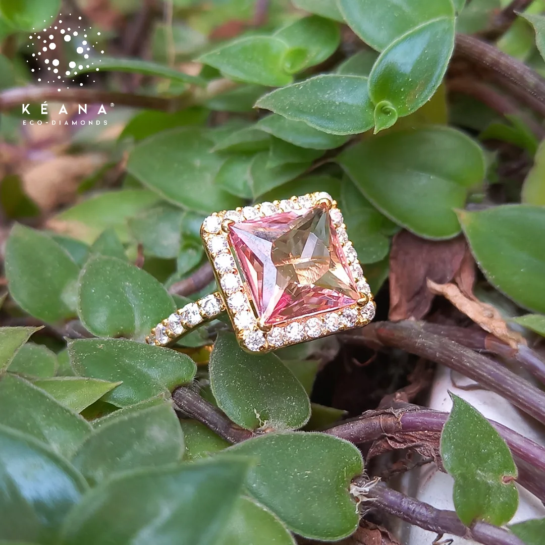 Square Ring With Princess Cut Lab Grown Peach Sapphire and Lab Grown Diamonds 14k Gold Certified Luxury Fine Jewelry