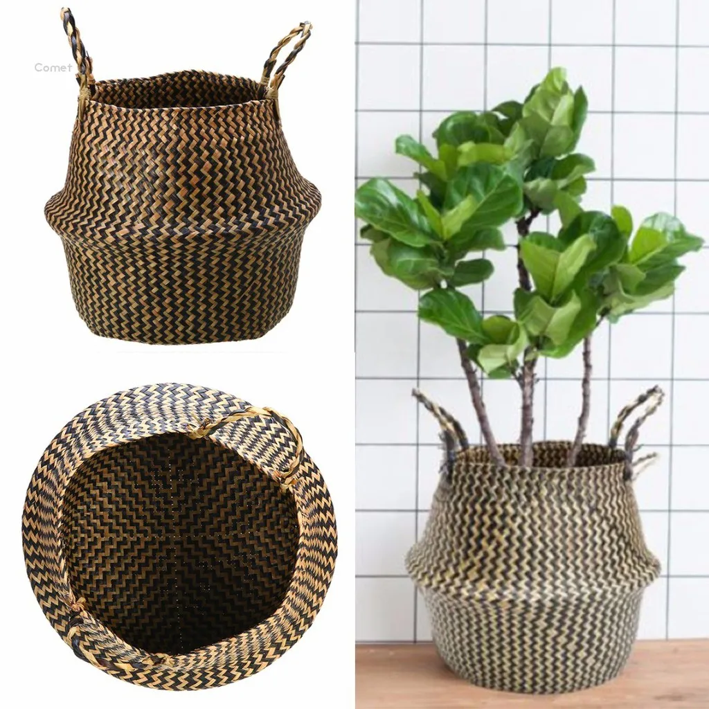 Ecofriendly hand woven seagrass storage baskets black zigzag belly foldable basket made in Vietnam