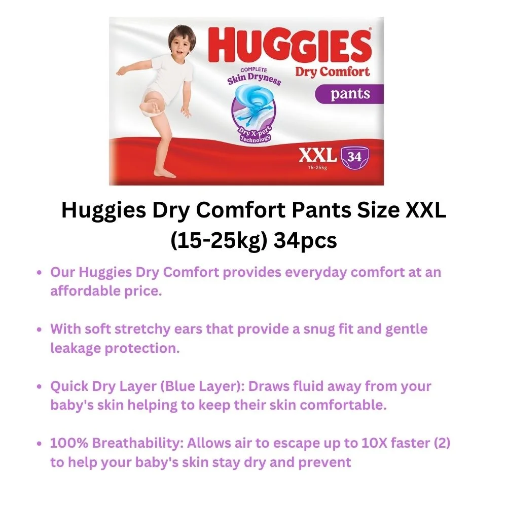 Полная сухость кожи сухие брюки X-pert технологии Huggies сухой Комфорт Подгузники Размер XXL 34 для младенцев