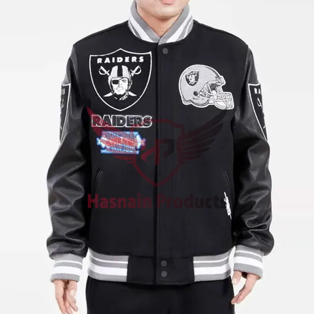 Raiders Mash Up Black Jacket Wool Blended And Leather Sleeves Embroidery Patches Jaket Custom Logo