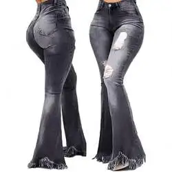 Wholesale Denim Stretch Slim 2023 New Trendy Plus Size Ripped Jeans Torn Washed Fit Flared Trousers Women High Waist Jeans