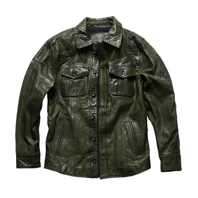 Hot Green Genuine Leather Jackets Vegetable Leather Jacket For Men