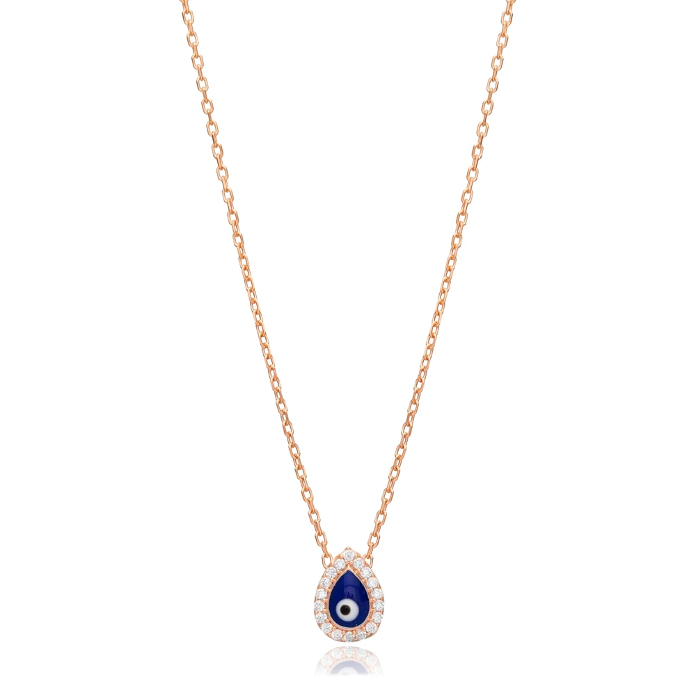 Minimalist Dark Blue Pear Luck Eye Silver Charm Pendant Necklace 925 Sterling Silver Fine Jewelry