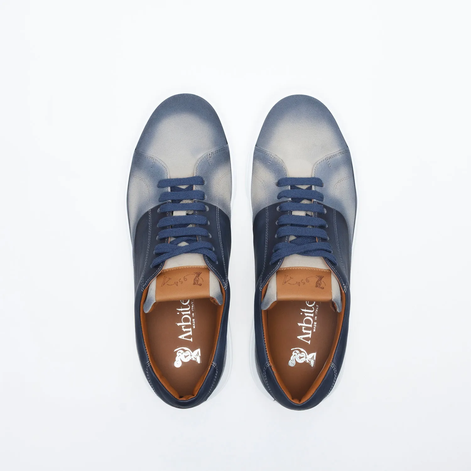 Mens Sneakers in soft brushed suede and leather details in blue with white rubber cupsole for casual but sophisticated look