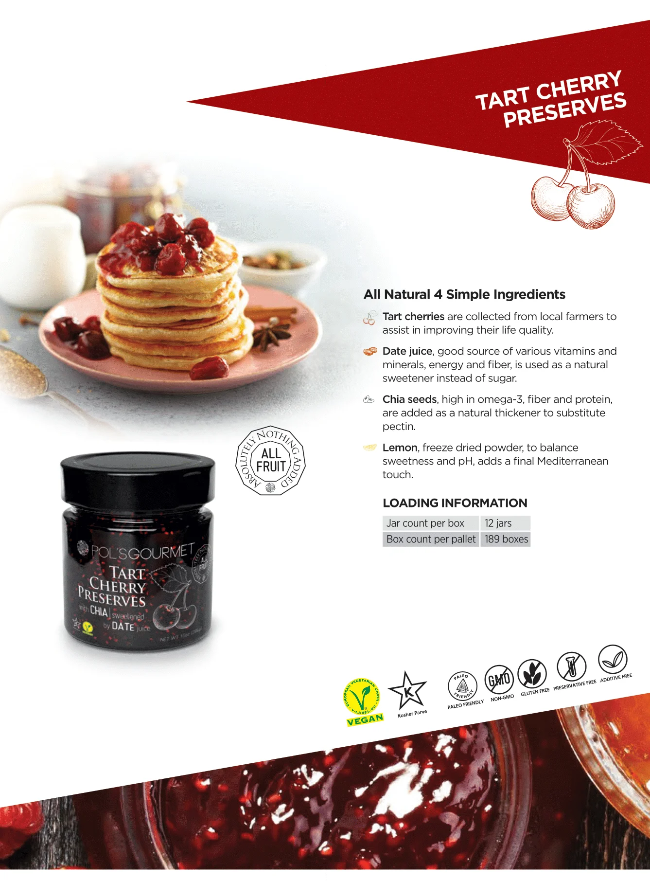 Tart Cherry Jam Fruit Preserves Organic Natural Gourmet Level No Sugar Fresh Jams Best Selling Grade Pure Healthy