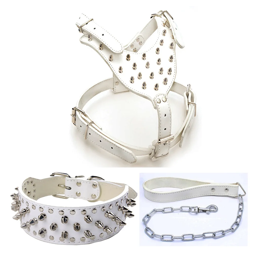 Luxury PU Harness Leather Dog Collar with Rivet Studded Dog Spikes Harness Leash Set Pets Stocked Solid Rivet Dog Walk Walking