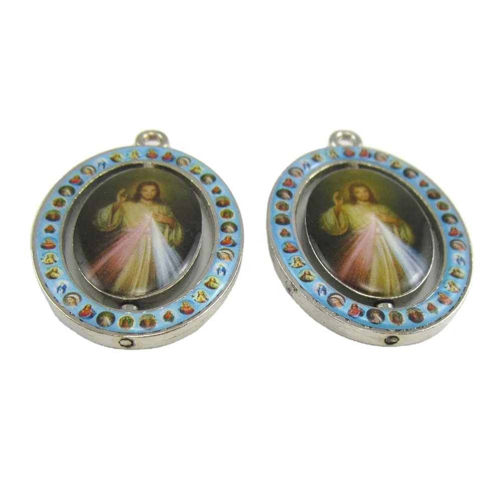 Double-sided Religious Jesus Christ Icon Rotating Cross Key Chain Divine Mercy Medal