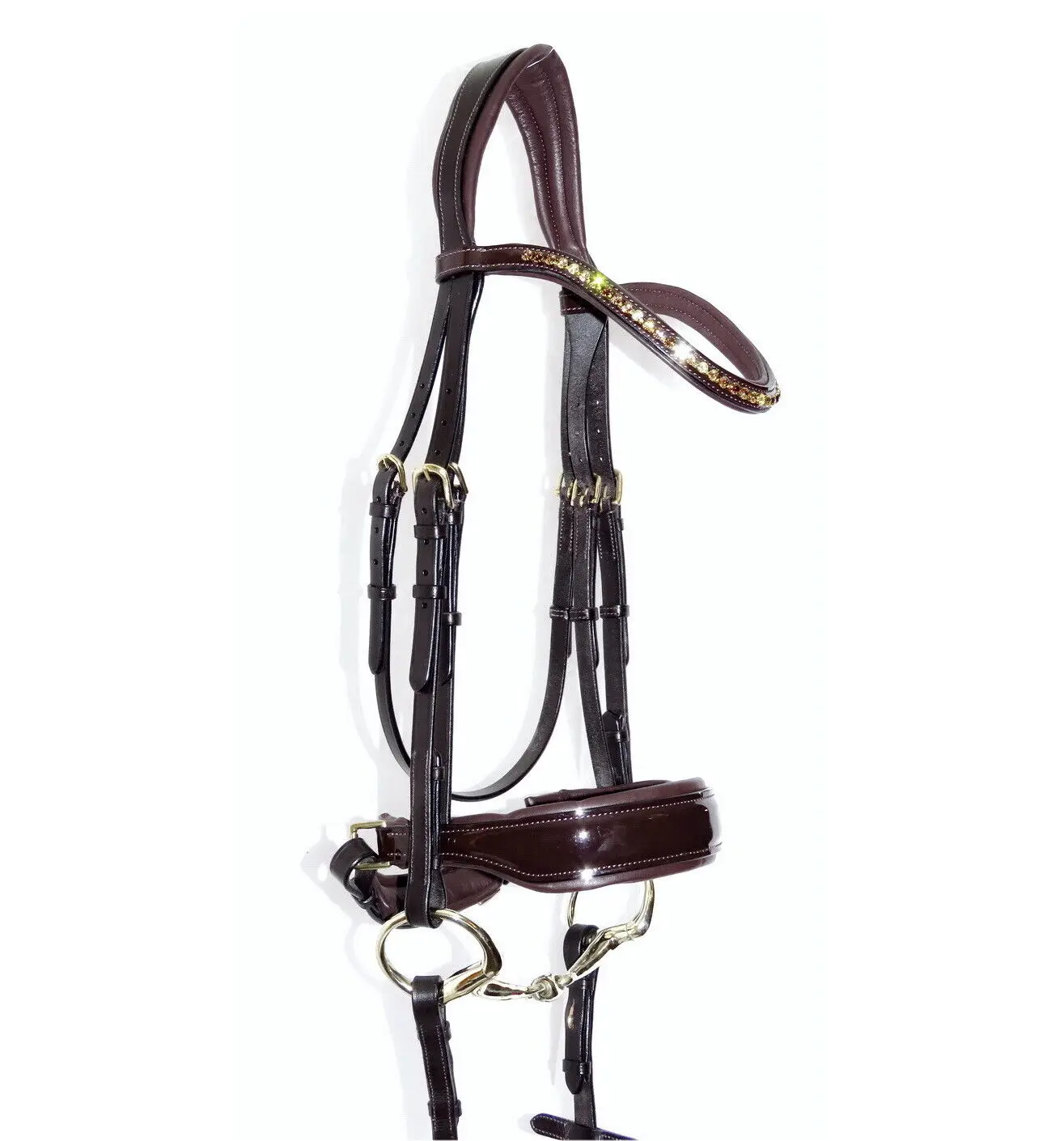 Anatomical Headpiece Bridle FREEWAY Crystal BLING MOCHA GOLD TOPAZ6mm Hot Multi Color Genuine Leather Horse Bridle