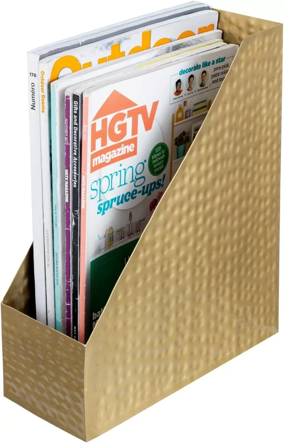 Hammered Design Metal Magazine Rack Space-Saving Bookshelf Storage Holders Golden finishing