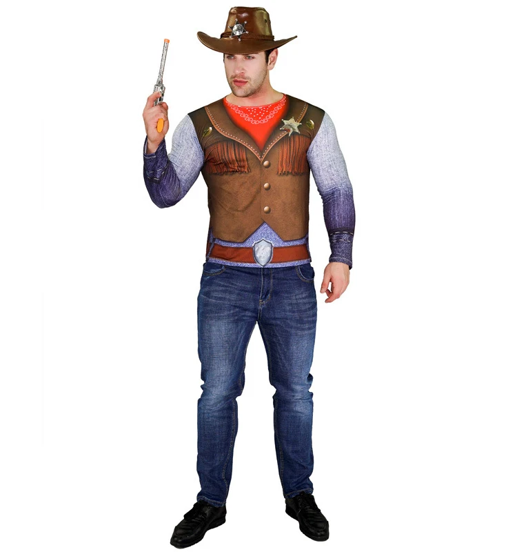 Adults Man Halloween Costume, Cowboy Fireman Pirate Savage Worker T Shirt Outfit, Career Style Top for Men Carnival Dress Up