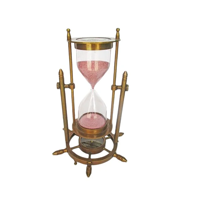 Metal & Glass Sand Timer With Antique Gold Plating Finishing Round Shape With Wheel Design Base For Measuring The Time