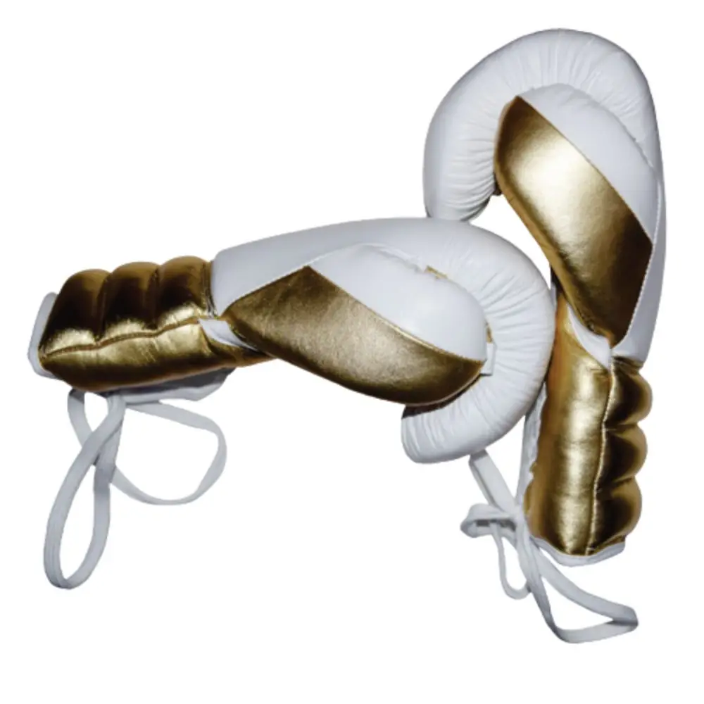 Genuine Cowhide Leather White & Gold Lace up Mexican Style Boxing Gloves Personalized Custom Logo Wholesale OEM Fighting Glove