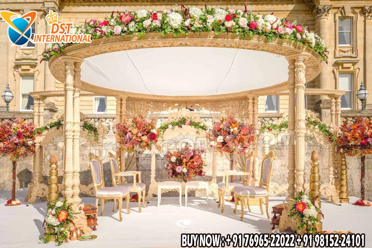 Trending Triveni Wooden Mandap for Outdoor Weddings Vintage Style Wedding Mandap Modern Marriage Mandap with Garden Themes