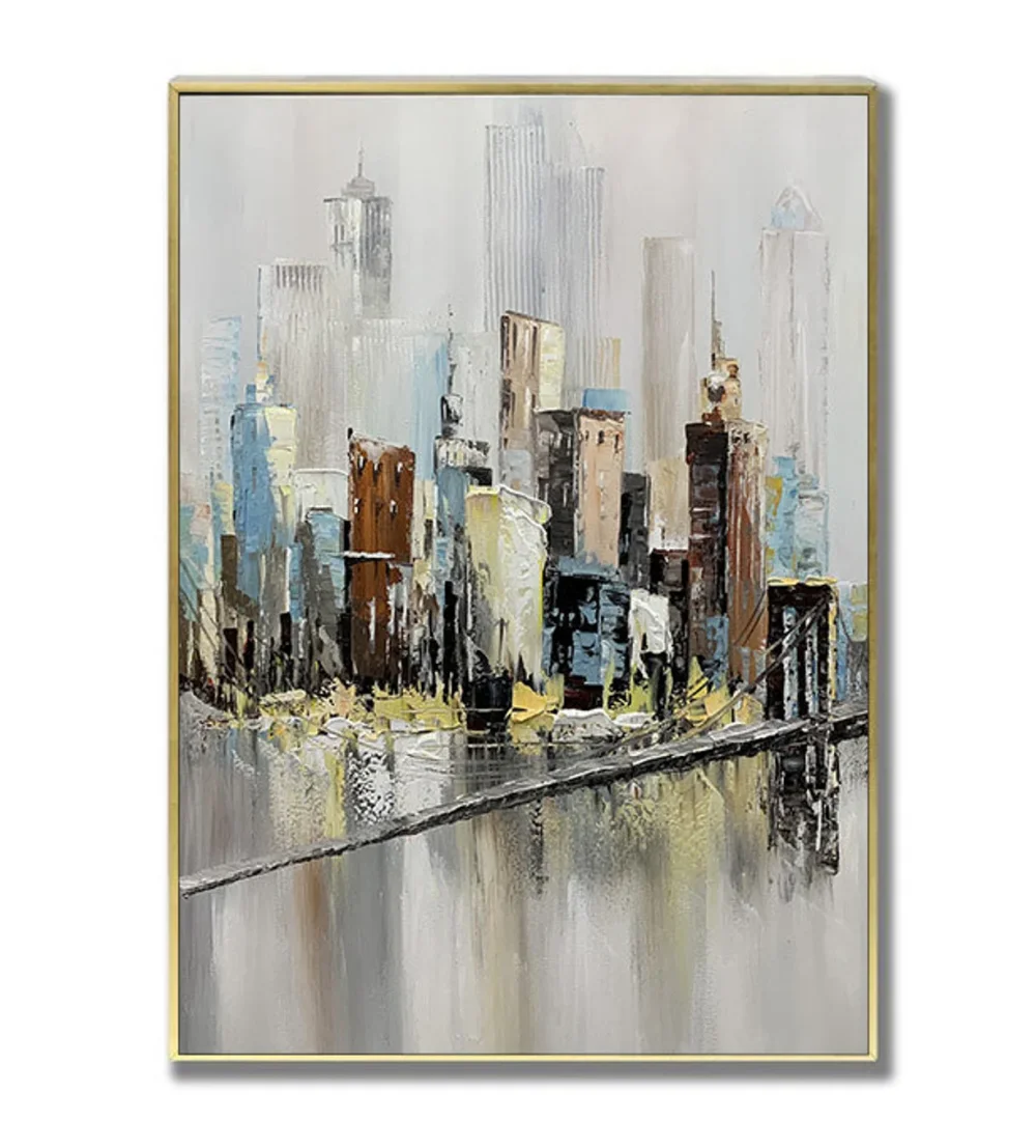 100% Real Hand Painted Abstract  Modern Brooklyn Bridge Canvas Wall Art,Modern Manhattan Painting for Living Room