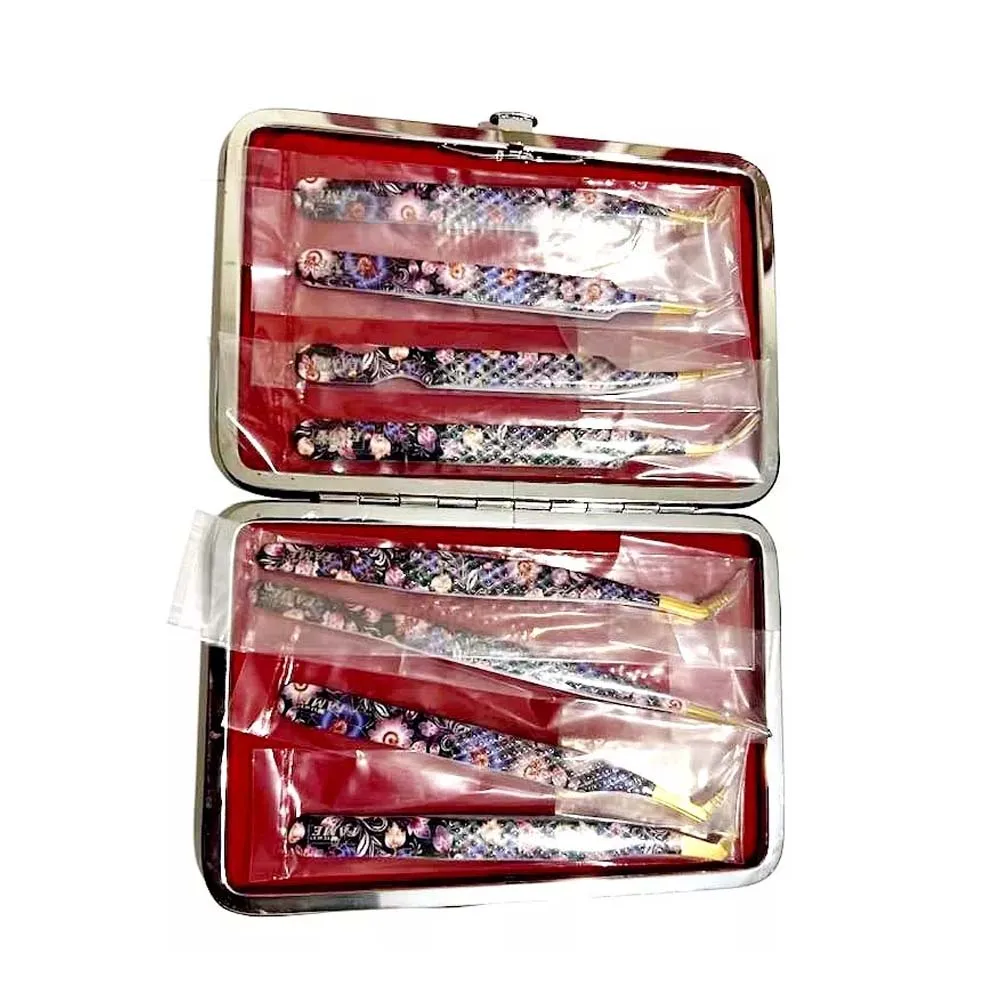 Fine Quality USA Best Selling Eyelash Tweezers Beautiful Flower Paper Printed Handle and Gold Tip with 3 & 6 Pieces Case