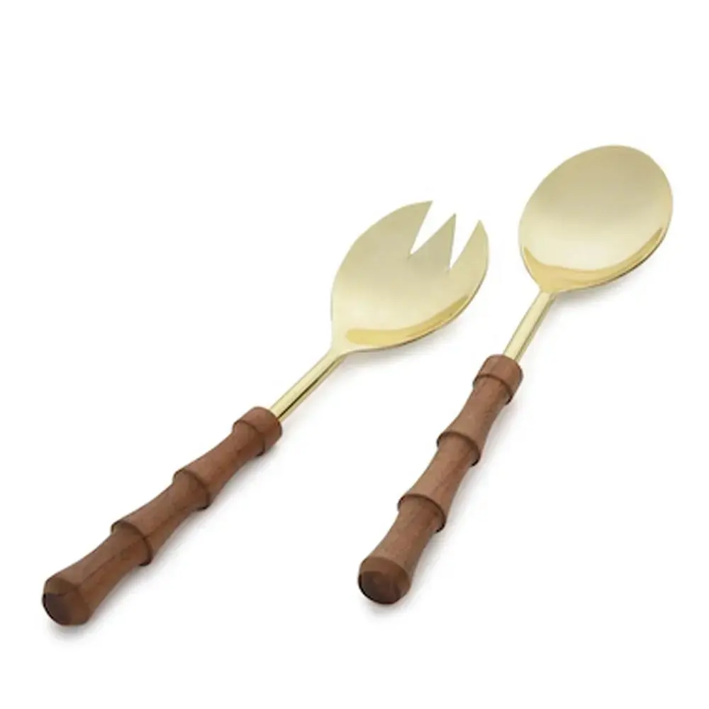 Natural Wooden Handle Metal Salad Server Gold Finished For Home & Hotels Tabletop Decorative Salad Server Sets