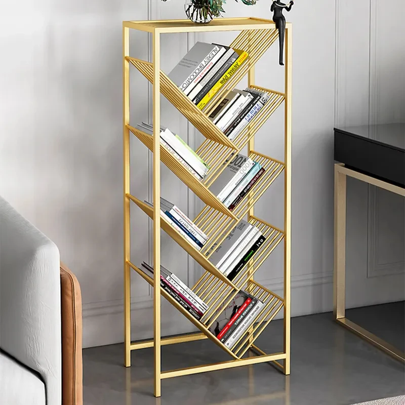 Mid-Century Rectangular Bookshelf Metal Gold Bookcase with Shelves
