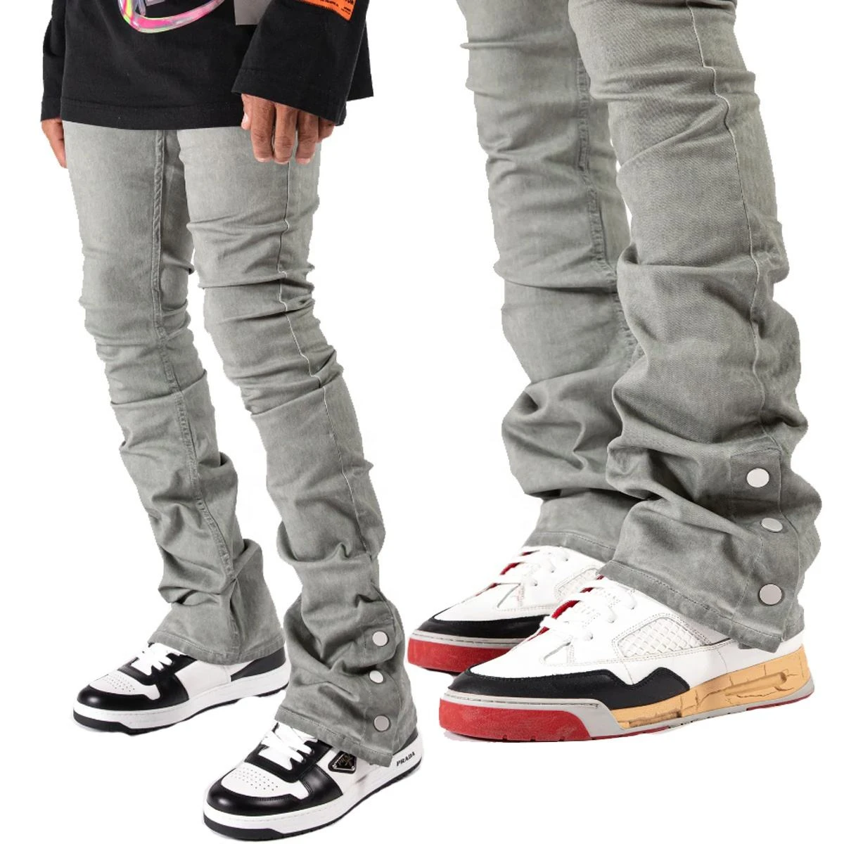 Custom Denim Luxury Flare Snap Button Branded Jeans Men Style Flared Pants Distressed Skinny Stacked Jeans