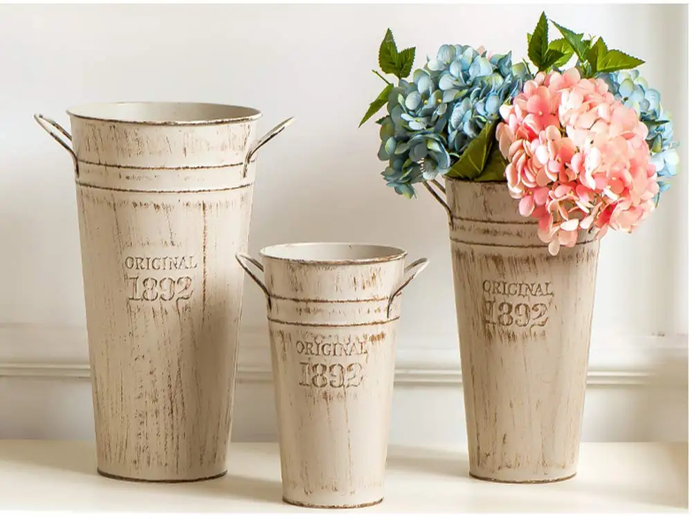 French Country Style Galvanized Vase Flower Bucket Farmhouse Decorative Tin Vases for Decor Rustic Metal Flower Vase Decor