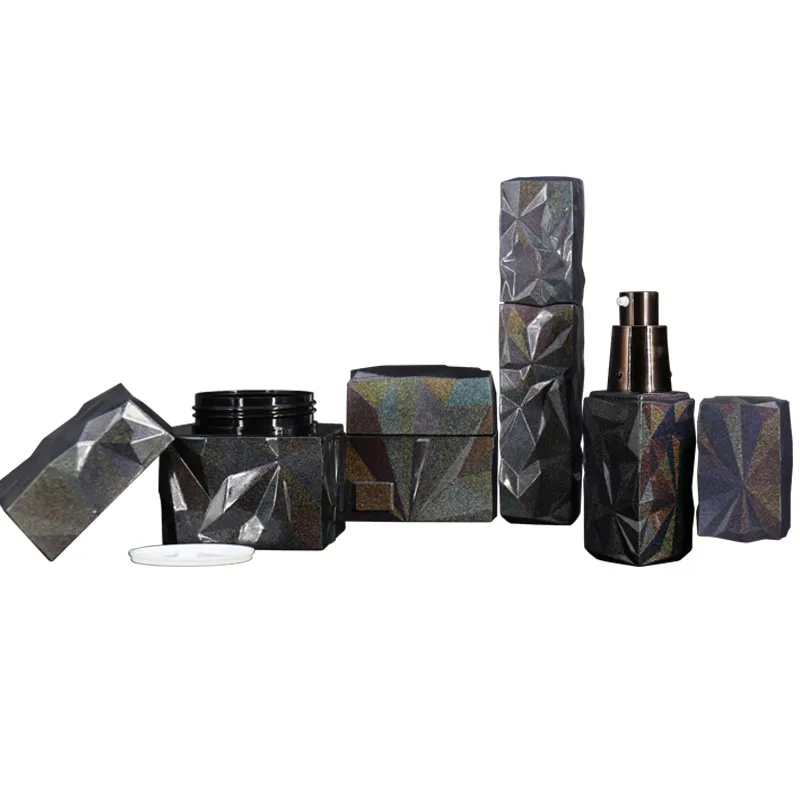 Luxury 45Ml 75Ml Empty Laser Square Black Body Lotion Bottle And Jar Set For Skincare With Private Label