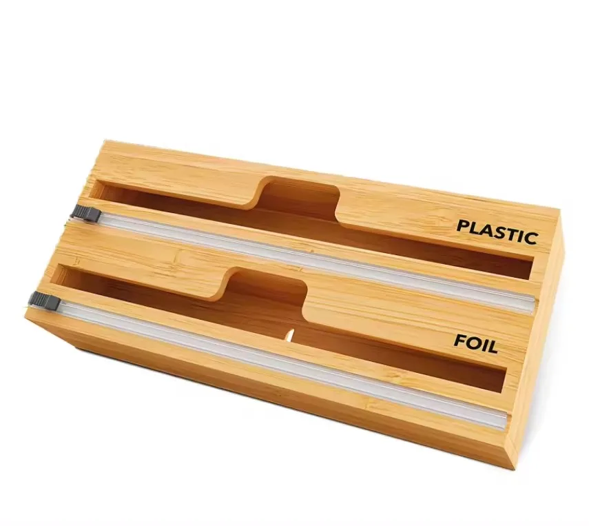 2-Compartment Bamboo Wood Dispenser Aluminum Foil Roll Cutter Foil Organizer Plastic Packaging Dispenser with Slide Cutter