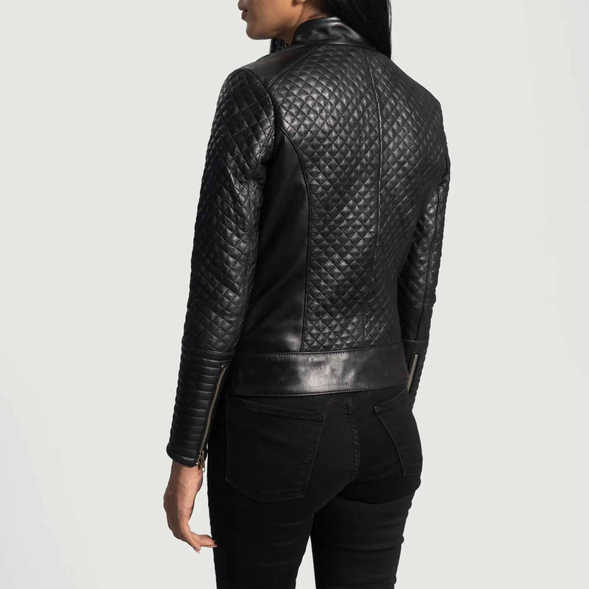 Real Leather Sheepskin Aniline Zipper Cityscape Black Women Biker Jacket with Quilted Viscose Lining and Inside Outside Pockets