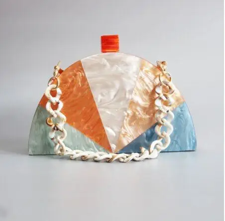 Manufacturer Customized Fashion Colorful Acrylic Geometric Pattern Rectangular Evening Clutch Marble Like Resin Lady Smooth Bag