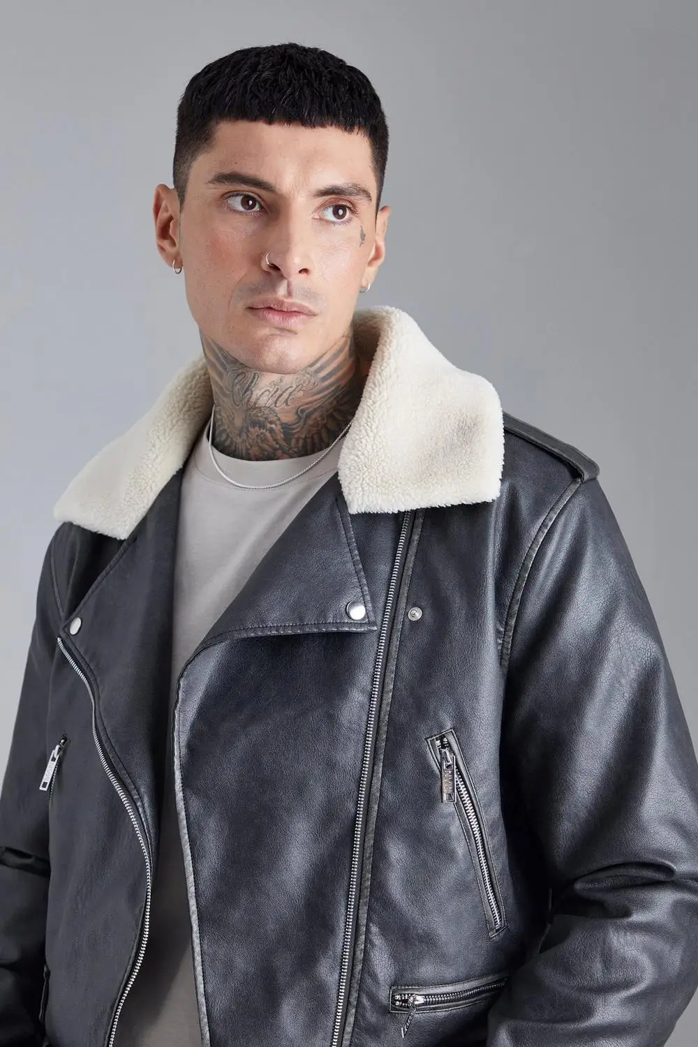 New Grey Boxy Fit Washed Original Sheepskin Leather Biker Jacket for Men with Borg Collar Made by Huzaifa Products.