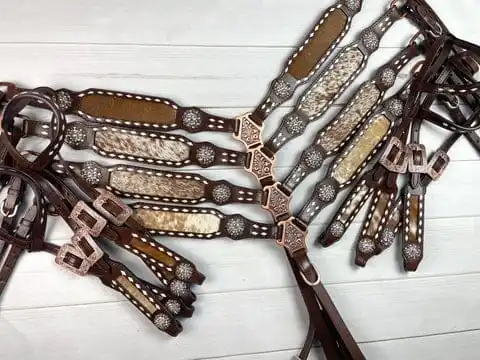 Cowhide on Dark Leather with Buckstitch crystal concho set Premium Cowhide lightweight seasonal horse equipment tack