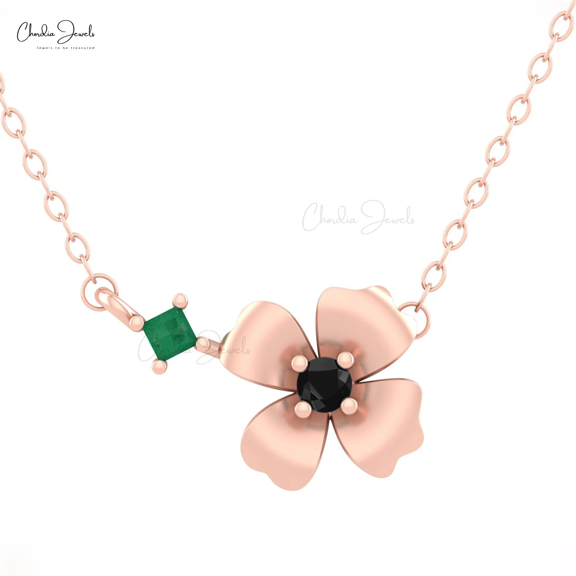 Trending Floral Necklace Real 14k Gold Pendant Necklace 0.05 Ct Square Emerald and Black Diamond Jewelry with Premium Packaging