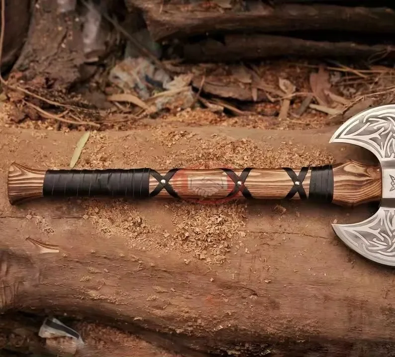 Hot Selling Custom Handmade Acid Etched Double Headed Axe, Double Bit Outdoor Survival Camping Axe Viking Battle Axe With Sheath