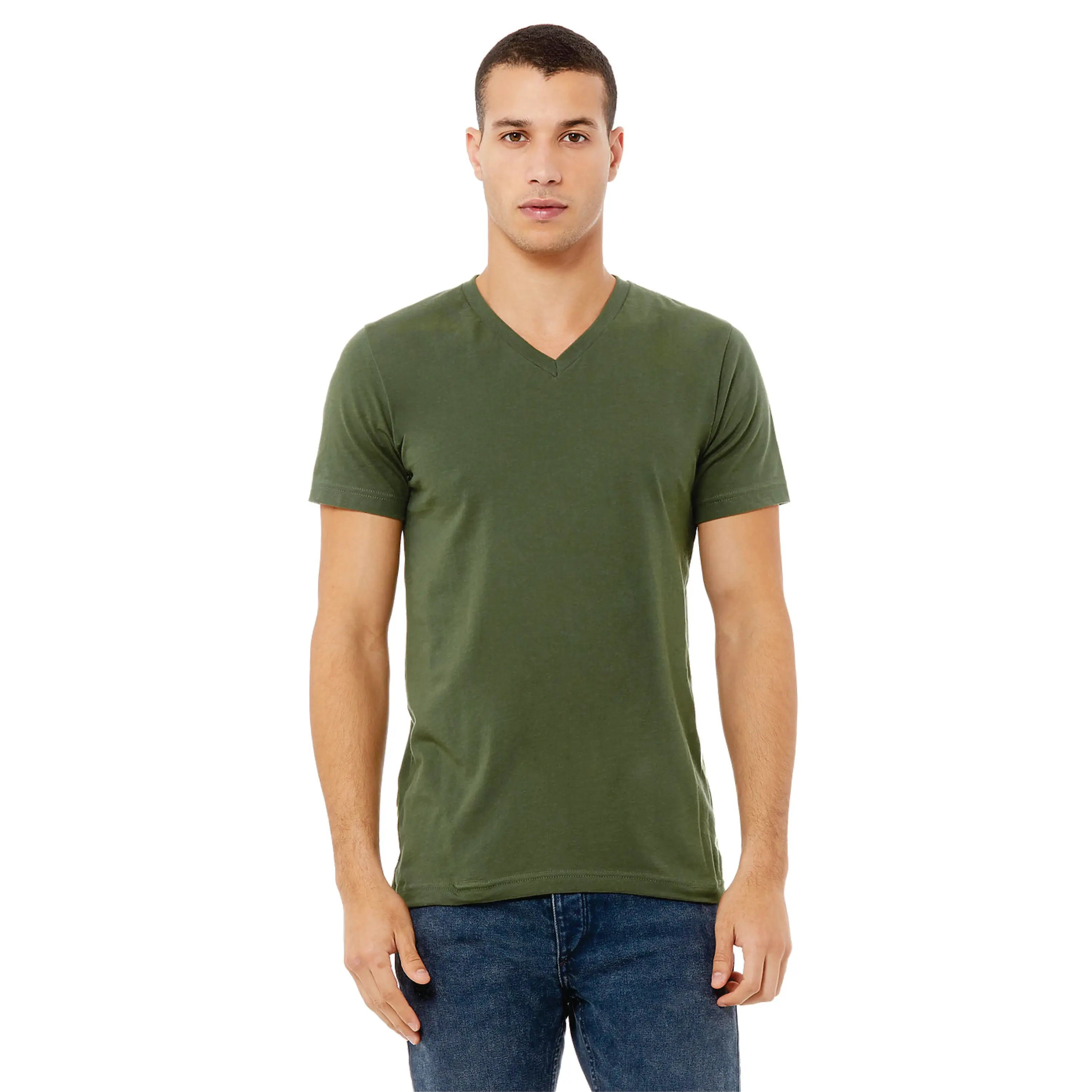 Unisex V-Neck Jersey T-Shirt - Military Green, 100% Airlume Cotton, 4.2 oz