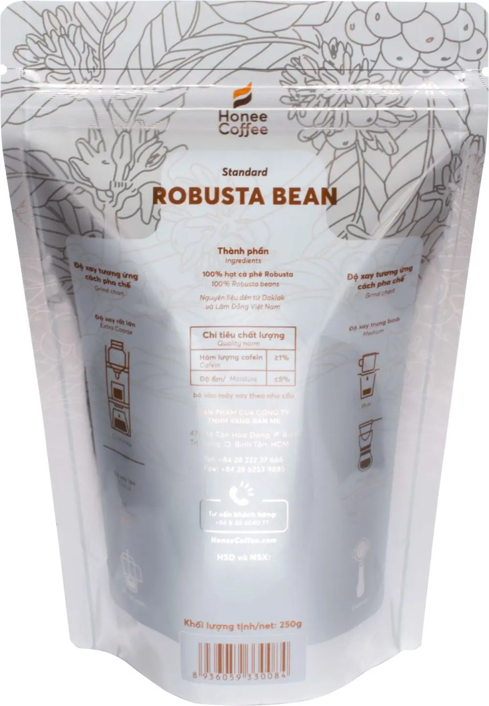 ROASTED COFFEE BEAN ROBUSTA Standard screen 18 250g per bag Honee Coffee brand made in Viet Nam