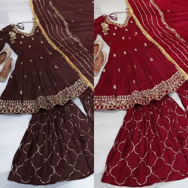 Designer Dress Chinon Silk  Material Sharara Beautiful Heavy Designer Boutique Dresses Collection Sharara Suit With Short Kameez