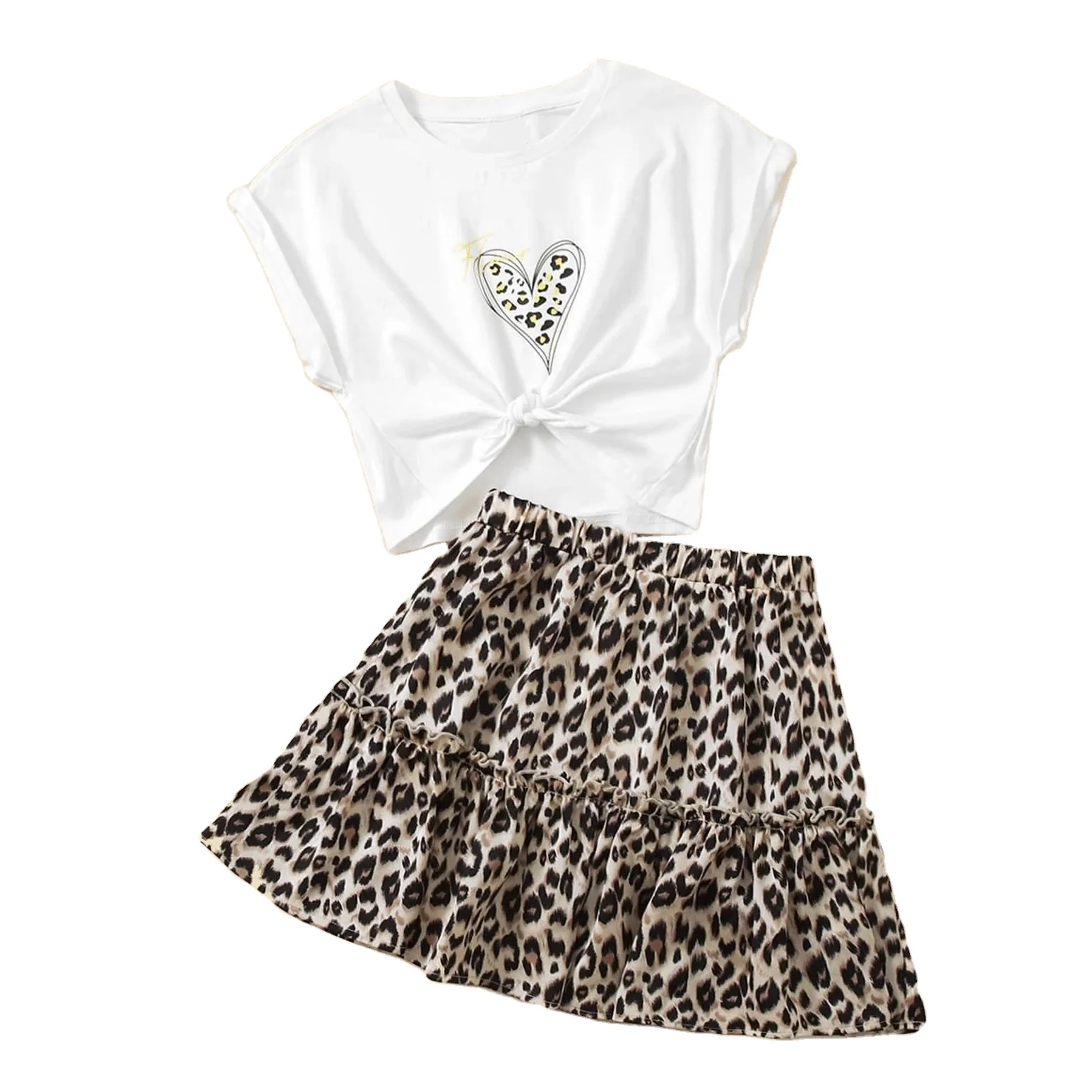 Girls Top and skirt two pieces fashion clothing set  Kids children floral leopard graphic printed clothing set  Girls dresses