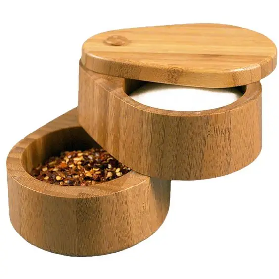 New Modern Salt and Sugar Bowl Set Of 2 Tier Bamboo Wooden Tableware Kitchenware Handmade Salt and Pepper Bowl Set