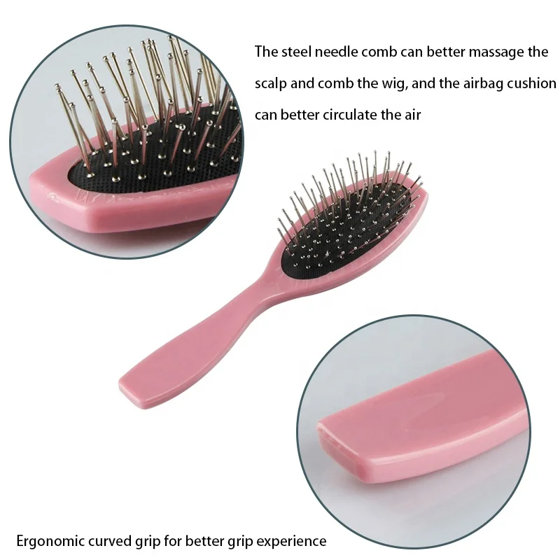 Artisans hot selling stainless steel cushion plastic hair brush mini wig brush with logo