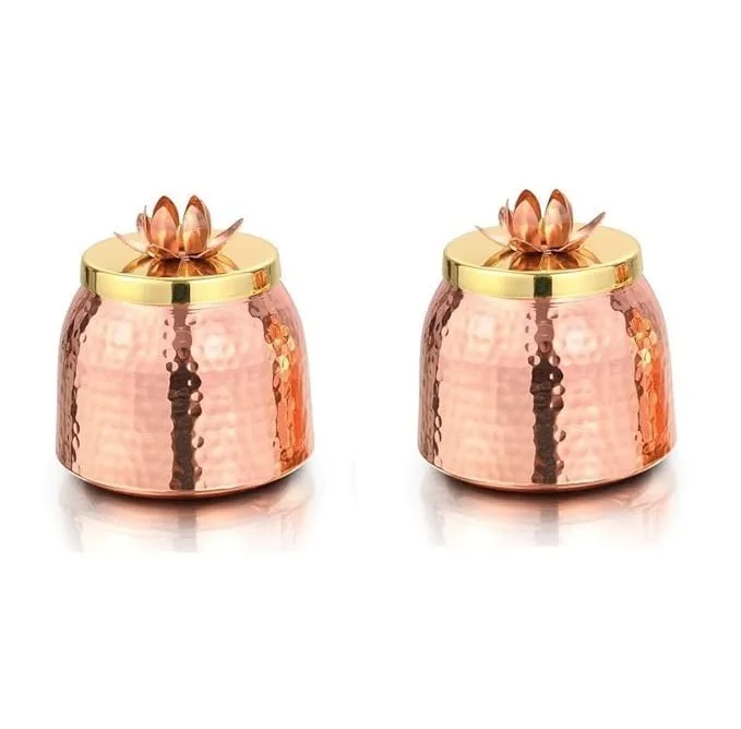 The Designer Home Jars Containers Copper Polished Container With Lid Brass Finish Hammered Design for Chocolates Dry Fruits