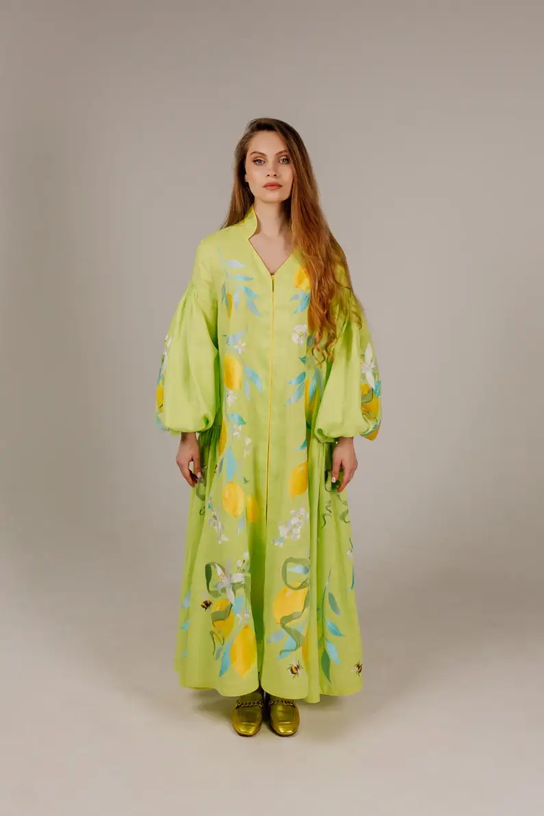 2024 Hot Selling Bohemian Casual Floral Embroidered Work Womens Vyshyvanka Deep V-neck Long Sleeve Sexy Linen Ukrainian Dress