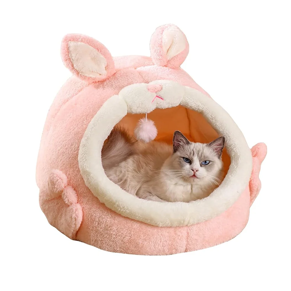 Pink Small Cat Bed for Indoor Cute Soft Cat Plush Bed Rabbit Design Tent Plush house  Kitten Bed with Pompom  pure cotton