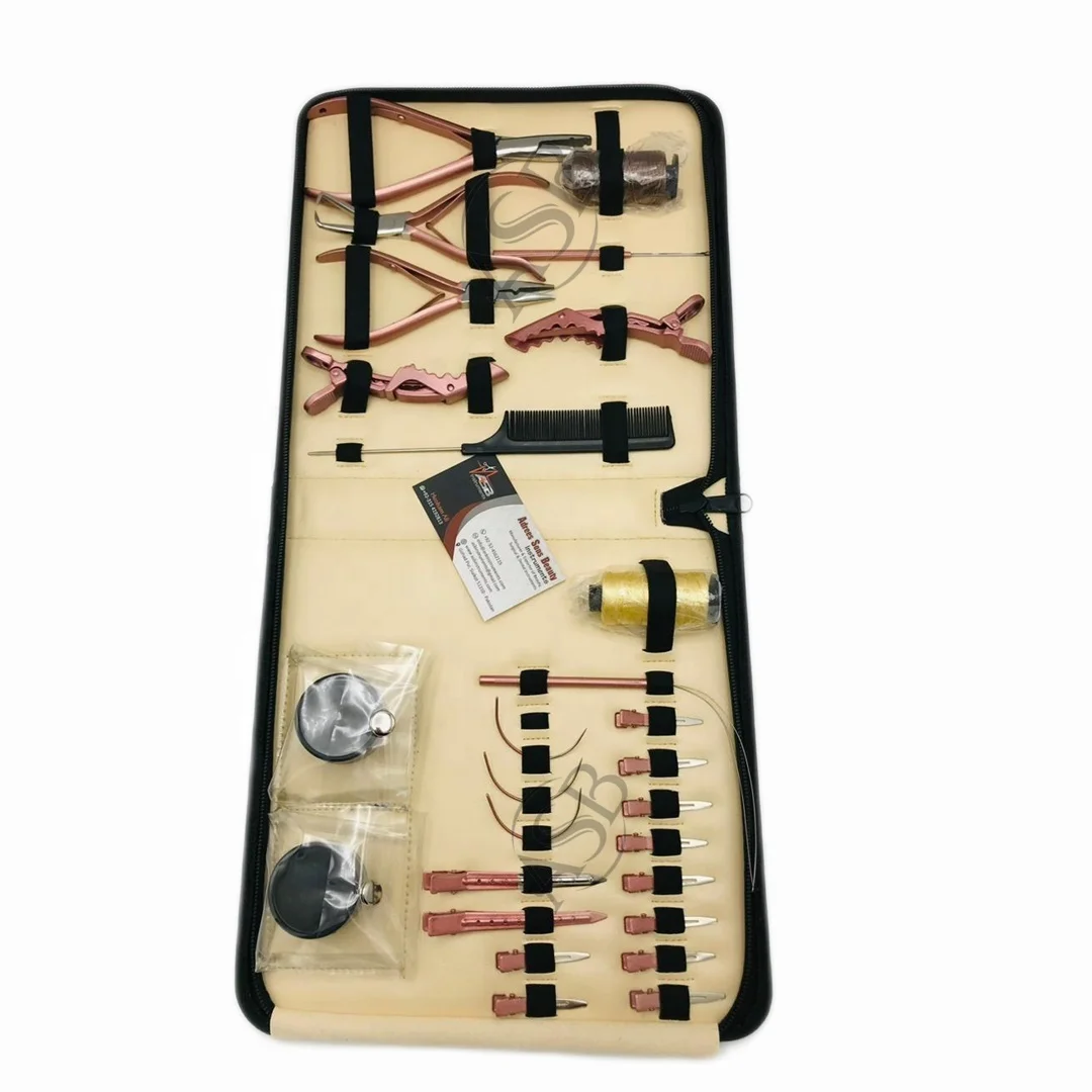 Rose Gold Stainless Steel Hair Extension Pliers Tool Kit With Alligator clips Scissors C Needles Microbeads loop With Nude Case