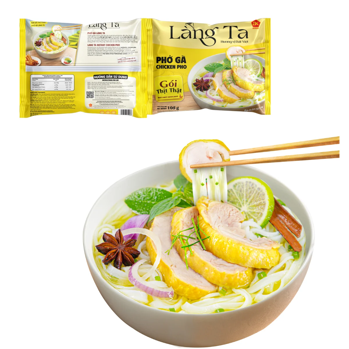 Instant Chicken Pho Rice Noodles with real chicken sauce bag ISO HACCP OEM Vietnam manufacturer Asian Instant Noodles Soup Meals