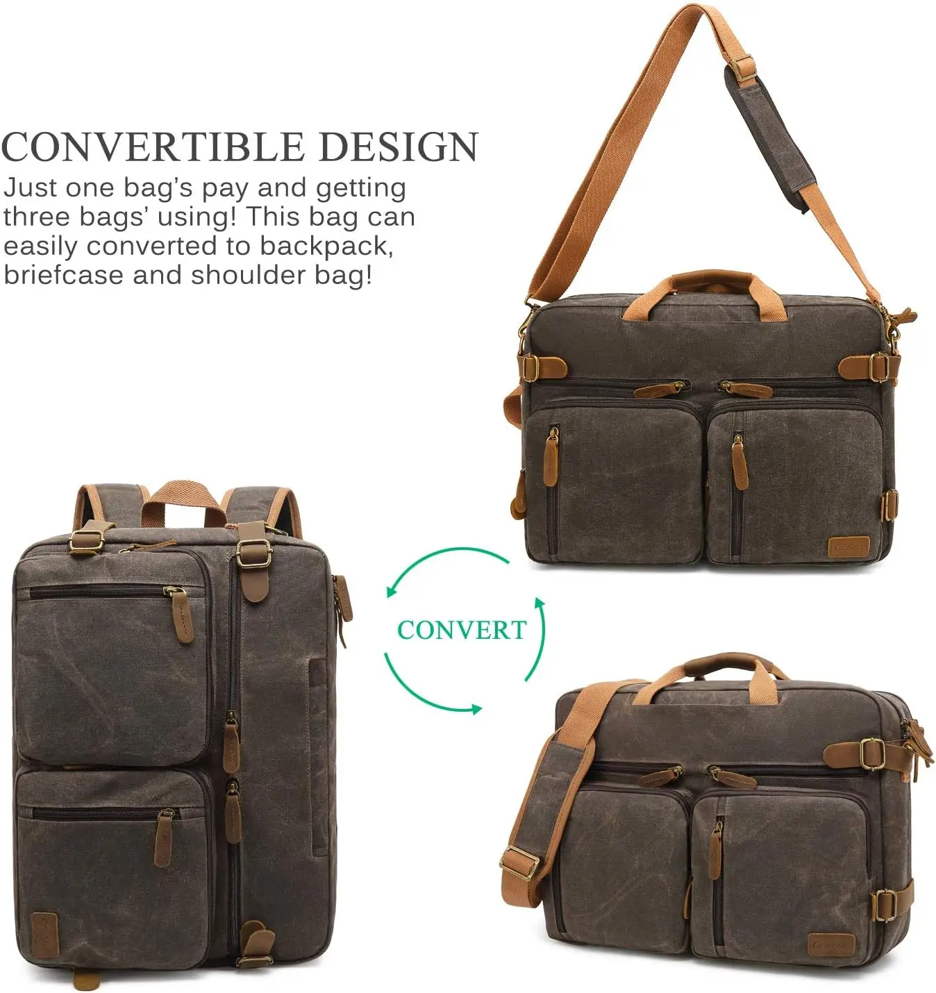 Vintage Shoulder Bag Convertible Backpack Retro Briefcase Versatile Travel Bag Fits 17.3 Inch Laptop For Men Business