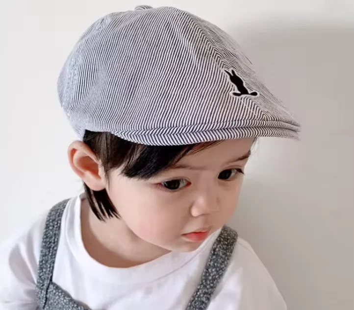 Cotton Baby Boy Beret Rabbit Embroidered Cartoon Infant Newsboy Bonnets Cap Casual Berets Summer Striped Hat For Baby Beanies