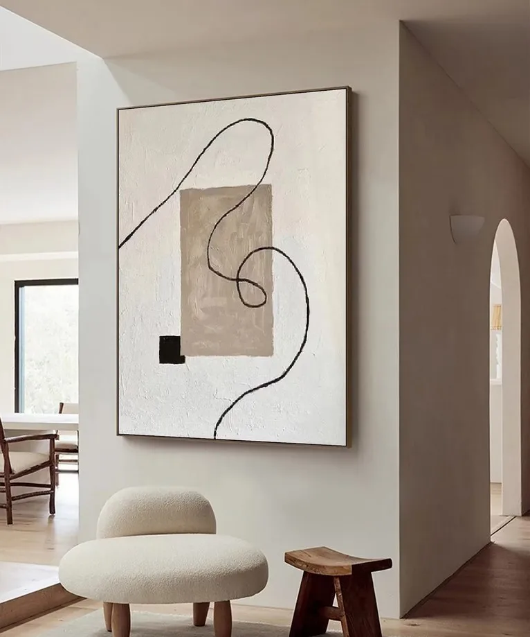 White and Brown Minimalist Painting Black Texture Wall Art Abstract Painting on Canvas Wabi-sabi Wall Art for Living Room