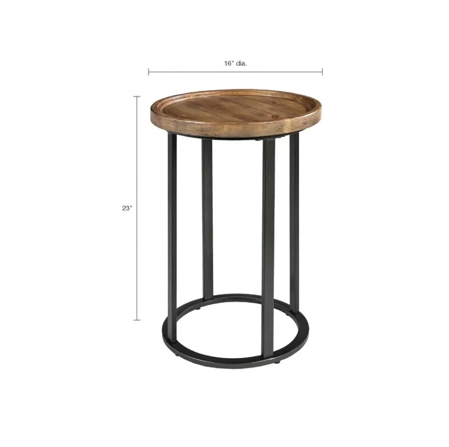 Modern Design Best Selling Wooden Top Round Side Table With Black Metal Base for Home Living and Bedroom Furniture.