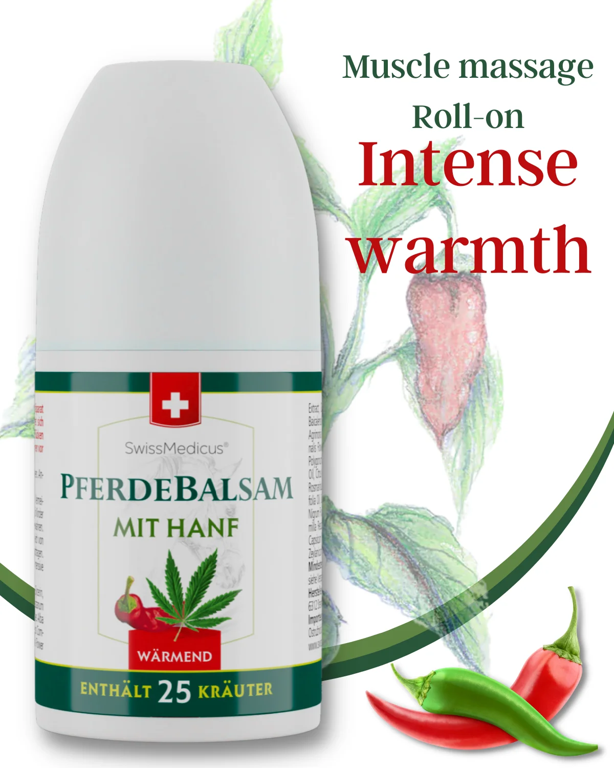 SwissMedicus Pferdebalsam with hemp warming ROLL-ON for joints & muscles, Swiss quality, Pain relief cream, Varicose veins, 90ml