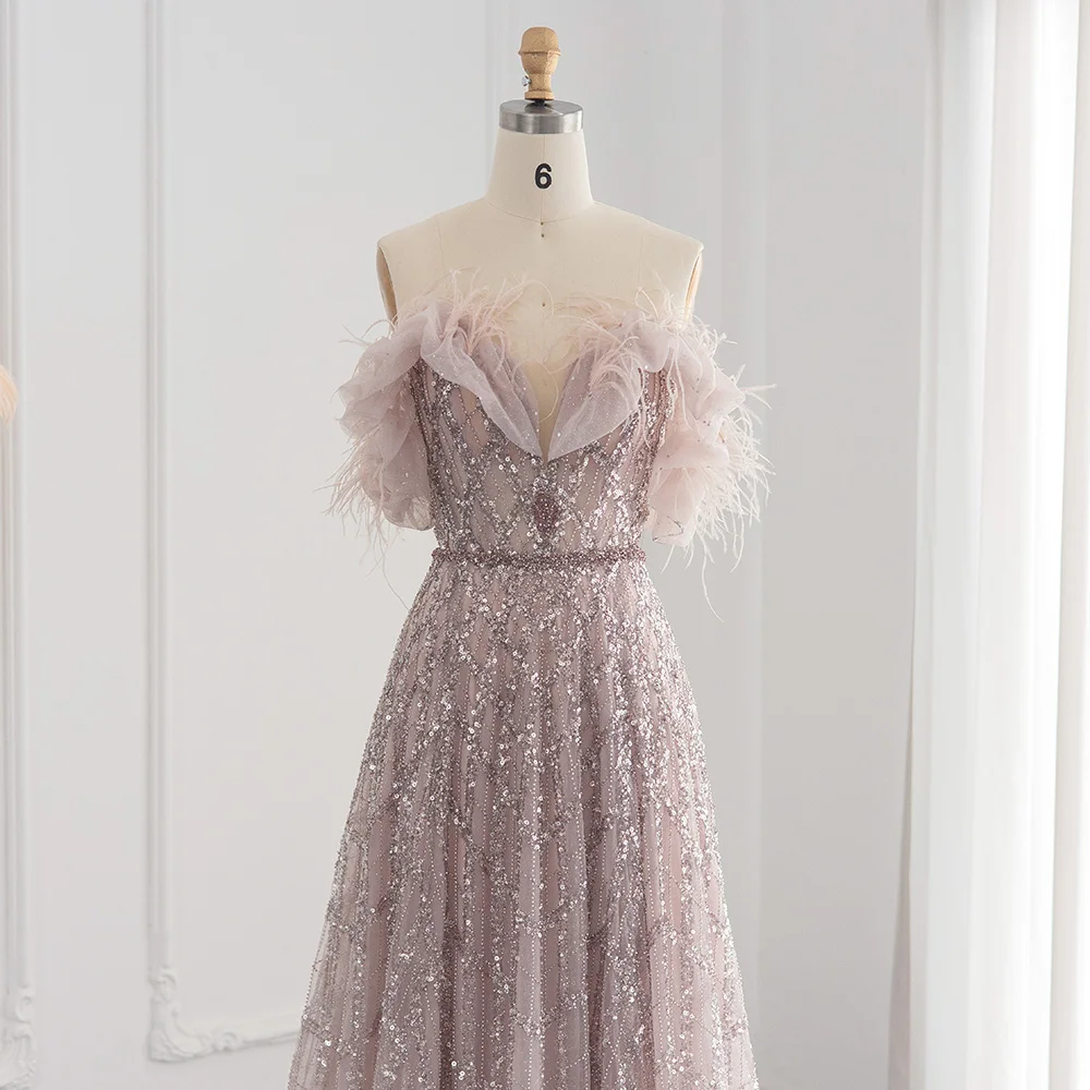 Jancember LSCZ85 New Fashion Feather Sequins Pattern V-neck Strapless Evening Gown Dress